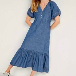 Old Navy Tall Midi Dress Chambray Denim Drop Hem Puff Short Sleeve Women's Sz M